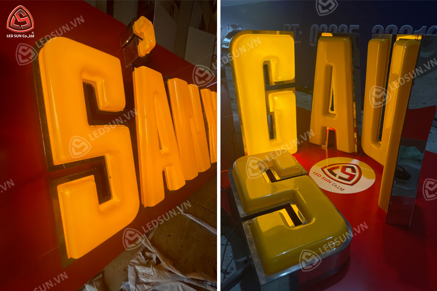 chữ nổi inox vàng bóng mặt mica hút nổi